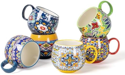 HENXFEN LEAD Large Boho Ceramic Coffee Mugs Set of 6, 20 oz by HENXFENLEAD