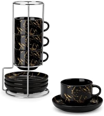 MALACASA 2.5 OZ Porcelain Espresso Cups with Saucers and Metal Stand Set of 4, Stackable Cappuccino Cups, Marble Black Expresso Shots Cup Set for Coffee Drinks, Latte, Tea by MALACASA