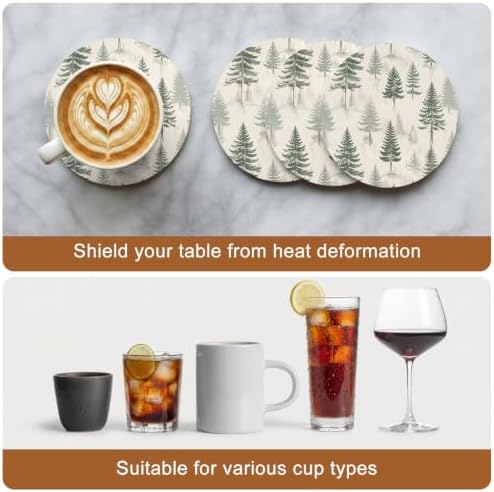 Christmas Tree Absorbent Ceramic Coasters Set of 4, Xmas Pine Trees Winter Rustic Forest Vintage 4" Round Drink Coasters with Cork Base, Coffee Mugs Mats for Housewarming Gift/Bar/Holiday Party - Image 5