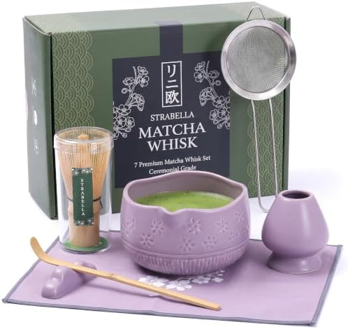 7-Piece Matcha Whisk Set – Ceramic Matcha Bowl with Spout, Bamboo Whisk & Holder, Scoop, Sifter, Tea Towel – Japanese Tea Set & Matcha Starter Kit Gift Box (Purple) by STRABELLAHOMEKITCHEN