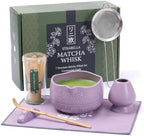 7-Piece Matcha Whisk Set – Ceramic Matcha Bowl with Spout, Bamboo Whisk & Holder, Scoop, Sifter, Tea Towel – Japanese Tea Set & Matcha Starter Kit Gift Box (Purple) by STRABELLAHOMEKITCHEN