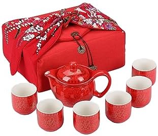 Chinese Tea Set Traditional Red Ceramic with Chinese Teapot and 6 Porcelain Teacups, Asian Gongfu Style Collection for Tea Ceremony, Chinese Wedding Gift with Fabric Box by I-MART