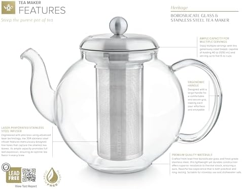 Teabloom Heritage Borosilicate Glass Teapot – 40 oz Classic Round Design with Stainless Steel Infuser – Stovetop Safe, Drip-Free Spout, Durable Heat-Resistant Tea Kettle for Loose Leaf or Teabags - Image 2