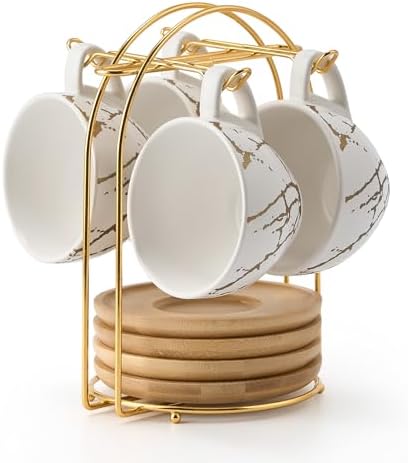 LUKA Ceramic Demitasse Espresso Cups Set with Saucers and Metal Stand, 8 oz Porcelain Stackable Cappuccino Cups Teacup For Tea, Espresso, Latte, Coffee, Cafe Mocha, Set of 4, White by LUKA