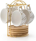 LUKA Ceramic Demitasse Espresso Cups Set with Saucers and Metal Stand, 8 oz Porcelain Stackable Cappuccino Cups Teacup For Tea, Espresso, Latte, Coffee, Cafe Mocha, Set of 4, White by LUKA