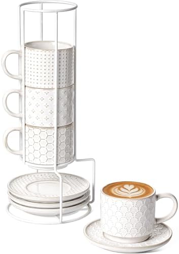LE TAUCI 8 oz Stackable Latte Cups with Saucers and Stand, Set of 4, Large Ceramic Coffee Cup and Saucer Set for Tea, Cafe Au Lait, Microwave & Oven Safe - Embossed White by LETAUCI