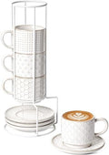 LE TAUCI 8 oz Stackable Latte Cups with Saucers and Stand, Set of 4, Large Ceramic Coffee Cup and Saucer Set for Tea, Cafe Au Lait, Microwave & Oven Safe - Embossed White by LETAUCI