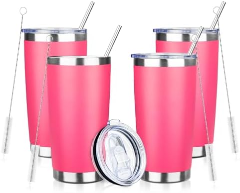 20oz Tumbler with Straw and Brush, Stainless Steel Vacuum Insulated tumbler, Double Wall Insulated Coffee Tumbler for Outdoor, Home, Travel,Office (peach，4pcs) by ATIKZHE