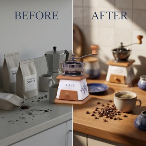 Manual Vintage Ceramic Burr Coffee Grinder with Wooden Base and Drawer, Mini Coffee Grinder with Stainless Steel Bowl and Floral Cafe Pattern, Hand Crank for Home Kitchen, Travel, Office - Image 6