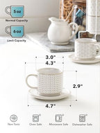 LE TAUCI 6 oz Stackable Cappuccino Cups with Saucers and Stand, Set of 4, Ceramic Coffee Cup Set for Flat White, Tea, Americano, Dishwasher & Microwave Safe - Embossed White - Image 3