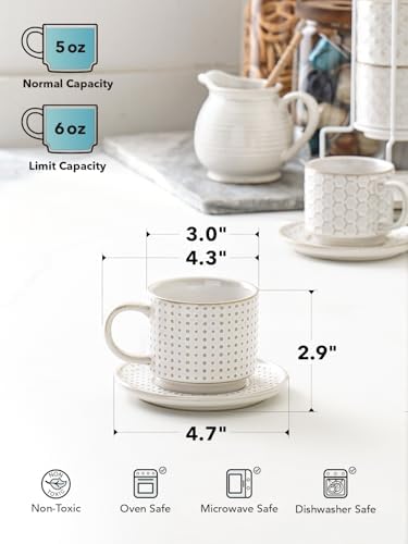 LE TAUCI 6 oz Stackable Cappuccino Cups with Saucers and Stand, Set of 4, Ceramic Coffee Cup Set for Flat White, Tea, Americano, Dishwasher & Microwave Safe - Embossed White - Image 3