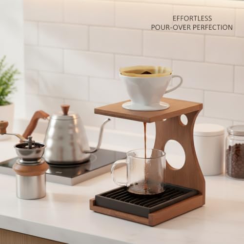 Pour Over Dripper Stand, Bamboo and Rosewood Base with Stainless Steel Ring for Mug Brewing - Image 3