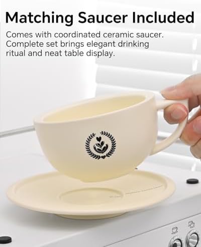 Ceramic Latte Art Cup with Saucer Set - 10oz Thickened Rim Cappuccino Cup for Perfect Crema, Anti-Slip Base & Matte Glaze, Espresso Coffee Mug for Home Barista & Kitchen, Creamy Yellow - Image 5