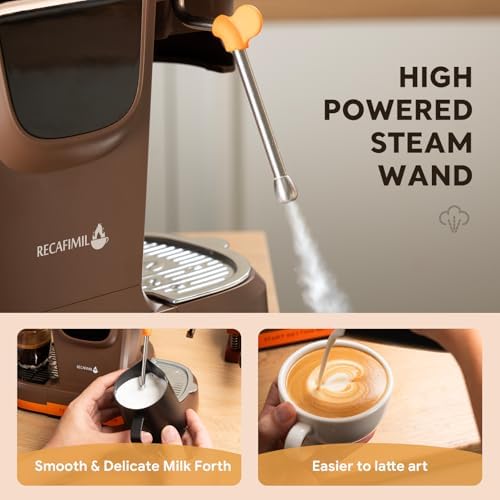 RECAFIMIL Semi-Automatic Espresso Machine with Grinder, 20 Bar Professional Coffee Maker with Milk Frother, Latte & Cappuccino, Compact for Home Use, Orange - Image 6