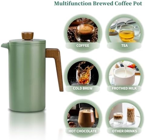 1l French Press Coffee Maker 34oz Coffee Press With Wood Handle Double Wall Insulation 3 Stainless Steel Filter Screen Brewed Coffee Pot For Coffe And Tea - Image 3