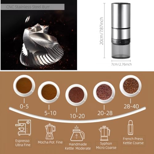 Portable Electric Coffee Grider with 40 Adjustable Levels Fine to Coarse Setting, Ceramic Conical Burr, for Home, Office, Travel, Camping, 1800mAH Rechargeable (silver, stainless steel burr) - Image 6