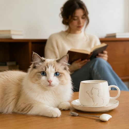 6 oz Ceramic Espresso Cups Set of 2 with Saucers, Cat Coffee Cups with Gold Rim and Gift Box for Cappuccino and Coffee, White - Image 2