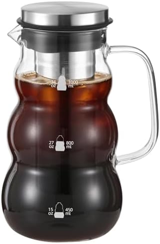 Cold Brew Coffee Maker, 34 oz Borosilicate Glass Cold Brew Pitcher with Stainless Steel Filter and Silicone Sealing Lid, Iced Coffee Maker for Tea, Accurate Markings, Wide Mouth, Easy Pouring by Unknown