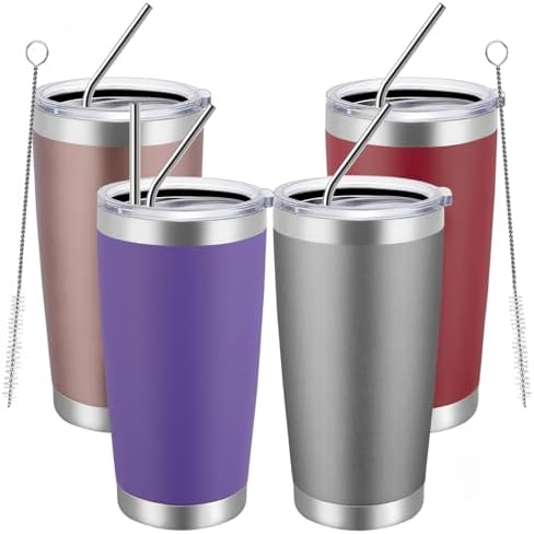 MEWAY 20oz Tumbler 4 Pack Double Wall Vacuum Insulated Travel Mug Bulk, Mix Color Stainless Steel Tumblers with Lid and Straw, Durable Powder Coated Coffee Cups for Cold & Hot Drinks（Color Mix, 4 by MEWAY