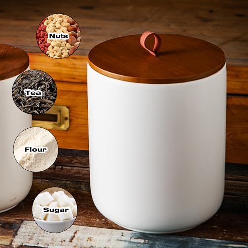 JOJUNO White Ceramic Canister 3 Piece with Airtight Bamboo Lid - Image 3