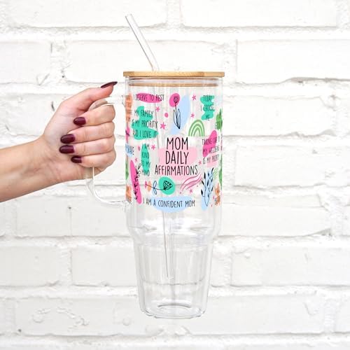 Sip-Sip Hooray! Mom Affirmation 40oz Glass Tumbler with Lid and Straw, Floral Mom Gift for Mother's Day Birthday, Iced Coffee Cup with Handle - Image 2
