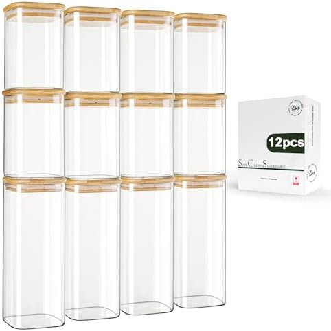 LIBWYS 12-Pack Square Glass Storage Jars with Bamboo Lids (0.6Qt/1.06Qt) - Stackable Food Containers for Pantry Organization, Coffee, Flour, Snacks, Tea | Kitchen Canisters Set by LIBWYS