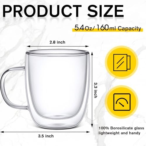 Gerrii Espresso Cups Double Walled Espresso Shot Glass with Handle Cups Insulated Clear Small Shot Glasses for Cappuccino Latte Hot Beverage(5.4 oz,Flat Bottom,12 Pcs) - Image 2
