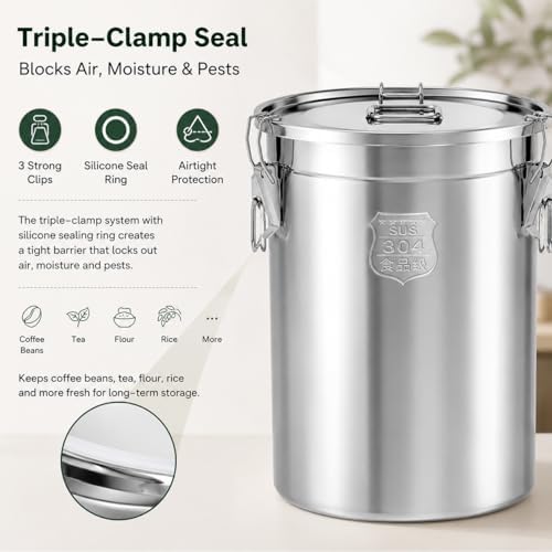 33L/8.72gal Stainless Steel Airtight Canister, Food Storage Canisters with Airtight Lid&Locking Clamp, Rice Cereal Grain Canisters Container, Storager Bucket for Flour, Coffee Bean, Sugar, Cookie - Image 4
