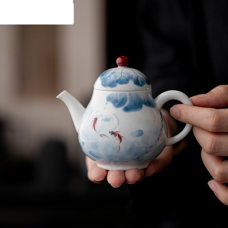 Tea Kettle 145ml Hand-Painted Fish Play Lotus Pond Teapot Pure Handmade White Porcelain Zen Pot Tea Maker Kettle Cha Accessories Ornaments Loose Leaf Tea Steeper Ceramic Tea Infuser - Image 2