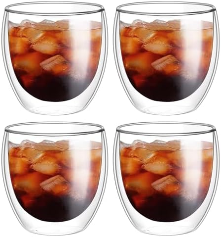 8oz Glass Coffee Mugs Set of 4, Double Walled Espresso Cups for Latte Cappuccino Cocoa Milk Cafe Juice, Clear Glass Tea Cup Set Glassware Gift for Christmas Birthday (8oz-4Pack) by Unknown