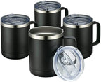 MEWAY 12oz Coffee Mug With Handle 4 Pack Bulk,Stainless Steel Insulated Travel Tumblers With Sliding Lid,Double Wall Vacuum Camping Cup for Hot & Cold Drinks Tea (Black,Set of 4) by MEWAY