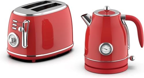 1.8 Quart Electric Tea Kettle and 2 Slice Toaster Combo, Retro Kitchen Appliance Set with Adjustable Browning and Water Temperature Gauge (Red) by Unknown
