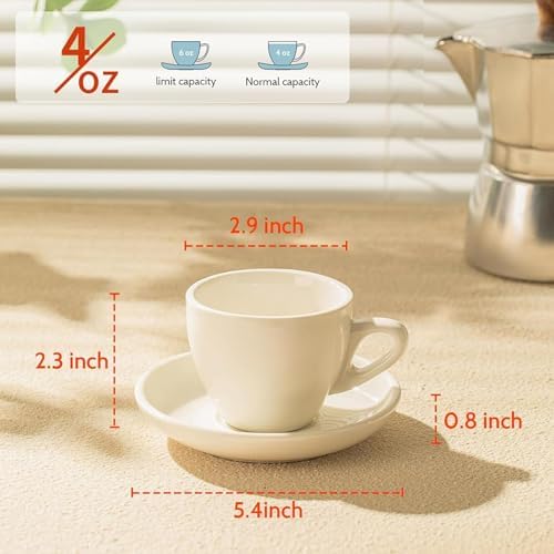 Sweese 4oz Porcelain Espresso Cups with Saucers, Set of 6 - Ideal for Espresso, Cappuccino, Latte, Tea - White - Image 2