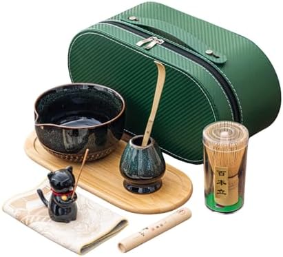 Matcha Whisk Set, Zen Travel Tea Ceremony Kit with Cat Figurine, Bamboo Whisk, Bowl, Incense & Portable Bag - 9-Piece Portable Matcha Set for Mindful Gifting & On-The-Go Rituals (J) by Unknown
