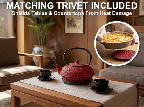 40 Oz Red Dragon Cast Iron Teapot, Enamel Interior, Infuser & Trivet - Image 4