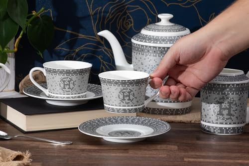 Complete Porcelain Tea Set for 6 - Silver Mosaic Design, 17 Piece - Image 7