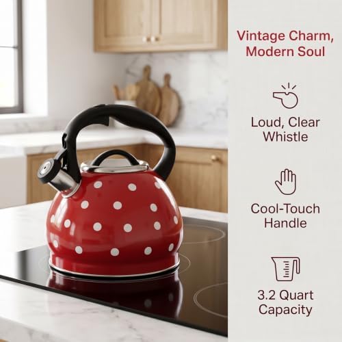 2026 Upgraded Whistling Tea Kettle Stovetop, 3.2qt 304 Stainless Steel Teapot with Polka Dot Design, Retro Cool Touch Teakettle for Gas Induction Electric Stove Red 3.2 Quarts - Image 3