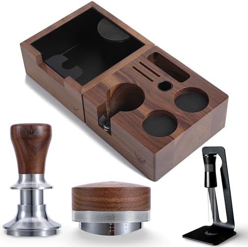 Complete 51mm Espresso Machine Accessories Kit – Walnut Handle Tamper, Coffee Distributor, WDT Tool, Knock Box, and Tamping Station by KNODOS