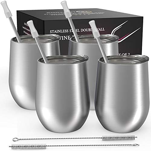 CHILLOUT LIFE 12 oz Stainless Steel Wine Tumblers 4 Pack - Double Wall Vacuum Insulated Wine Glasses Cups with Lids and Straws Set Keeping Cold & Hot for Coffee, Beer, Ice Cream - Dishwasher Safe by CHILLOUTLIFE