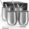 CHILLOUT LIFE 12 oz Stainless Steel Wine Tumblers 4 Pack - Double Wall Vacuum Insulated Wine Glasses Cups with Lids and Straws Set Keeping Cold & Hot for Coffee, Beer, Ice Cream - Dishwasher Safe by CHILLOUTLIFE