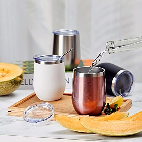 COMOOO Stainless Steel Wine Tumbler with Lid and Straw 12oz Double Wall Vacuum Insulated Travel Tumbler Cup for Coffee, Wine, Cocktails, Champagne (Black White Silver and Rose Gold, 16 Pack) - Image 5