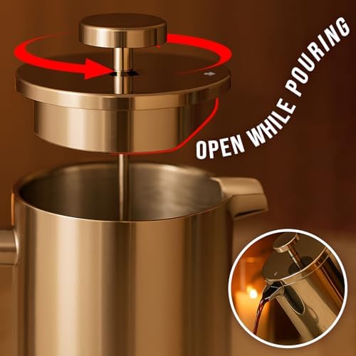 Red Ember Stainless Steel French Press 1L Cafetiere – Double Wall Insulated Coffee Maker, Unbreakable & Rust-Proof with 3-Layer Filter for Smooth, Rich Brew – Ideal for Home, Camping & Gifts - Image 6