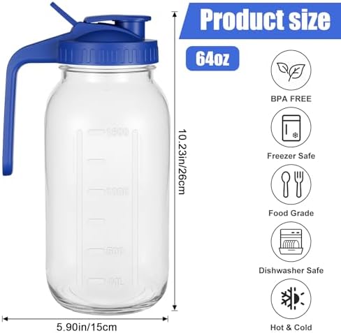 3 Pack Glass Mason Jar Pitcher with Pour Spout Lid, 64OZ Leak-proof Wide Mouth Jugs for Cold Brew Coffee, Breast Milk Storage, Water, Lemonade, Leak Proof - Image 2