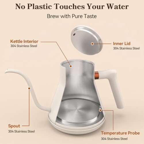 Mecity Electric Gooseneck Kettle with Touchscreen Base, 6 Presets Temperature Control, 2 Hours Keep Warm, 304 Stainless Steel Interior, Fast Boil Tea & Pour Over Coffee Kettle, 0.8L 1500W, Cream Color - Image 5