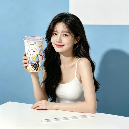 YQ&QMK 3D Embossed cartoon animals Ceramic Cup with Lid & Glass Straw, 16oz Hand-Painted Ice Cream Design Travel Coffee Tumbler, Cute Mug (Donut) - Image 5