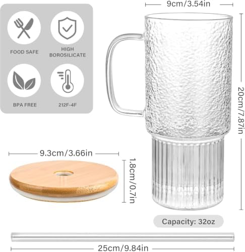 32 oz Glass Water Tumbler with Handle, Glass Cups with Bamboo Lid & Straw - Image 2