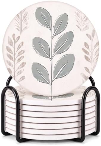 VEYRO Ceramic Coasters Set of 6 or 4 – Absorbent Stone Drink Coasters with Holder, Non-Slip Cork Backing, Modern Marble Look Coasters for Coffee Table, Desk & Home Decor (Leaves 2, Set of 8) by Veyro