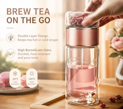 Yosoo Health Gear Tea Infuser Bottle, 420ml Tea Flood Cup Glass Water Bottle Double Wall Borosilicate Travel Tea Tumbler with Stainless Steel Filter Leakage Proof Water Separation Tea Mug - Image 2