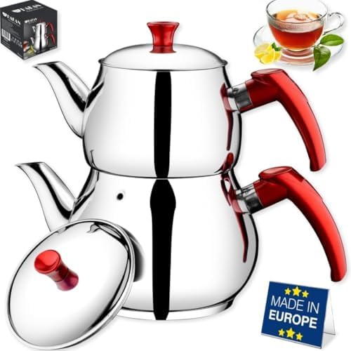 Hakan Teapot Set with Self Strainer Double Lids, Stainless Steel Midi Double Bondy Tea Pot Set, Turkish Samovar Style, Tea Kettle for Loose Leaf Tea with Bakelite Hande | 1.05 + 1.9 Qt by HAKAN
