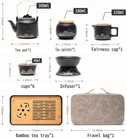 Chinese Gongfu Tea Set tea kit, Tea Gift sets,15-Piece Ceramic Tea Service with Teapot, 6 Cups, Storage Jar, Tea Tray, Black and Teal Mountain Design with Gray Travel Case - Image 2
